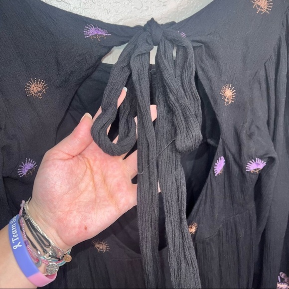 Free People Rhiannon Embroidered Babydoll Black Open Back Long Sleeve Dress - Picture 9 of 12